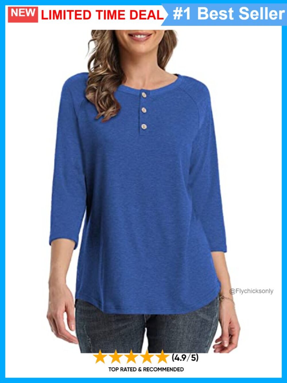3/4 Sleeve Raglan Color Block Henley Blouse Tunic Top